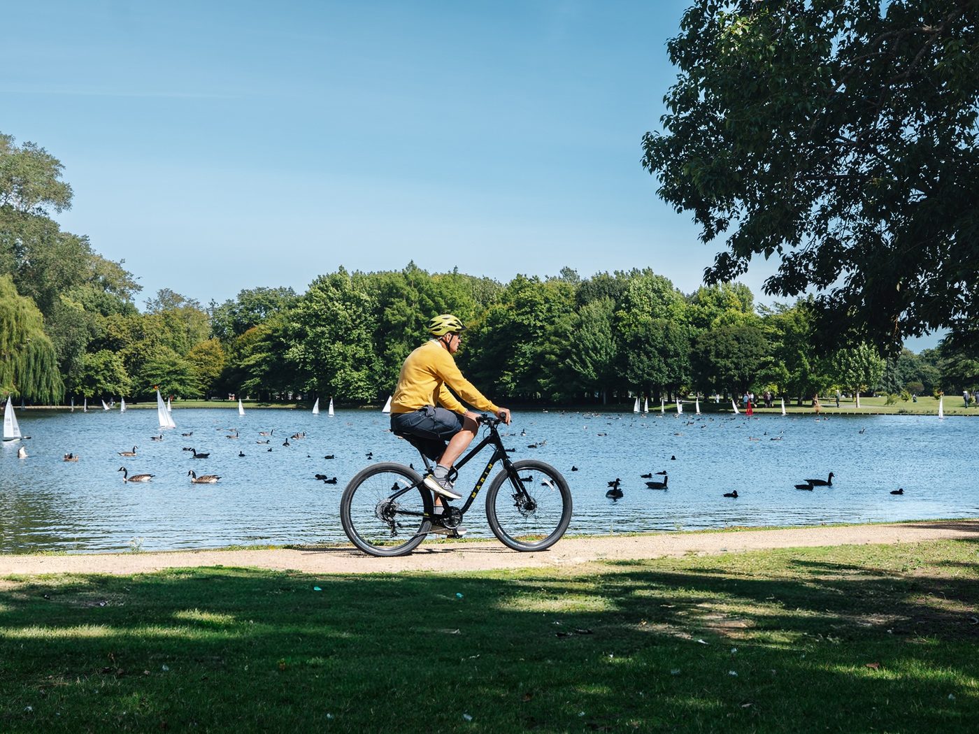 Cyclist by the lake at Hagley Park, Christchurch